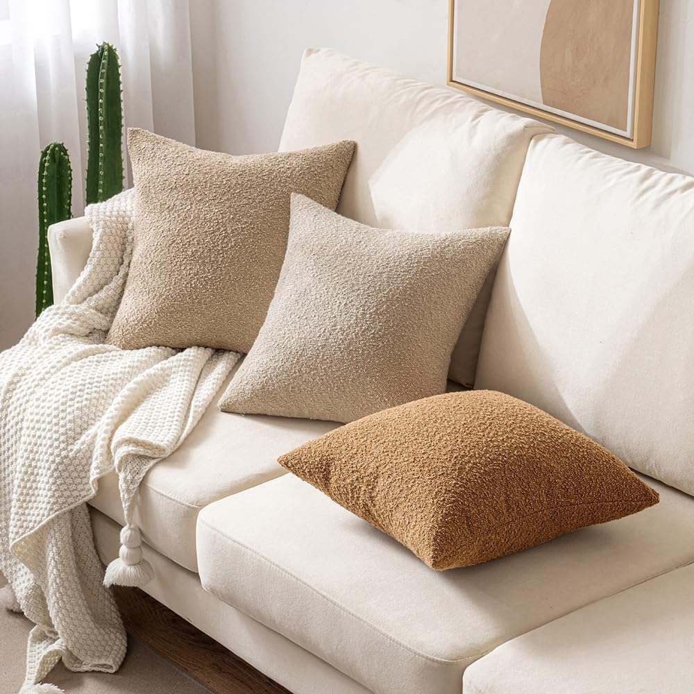 MIULEE 20x20 Inch Decorative Pillow Covers for Couch Bed Set of 2 Textured Boucle Neutral Winter Throw Pillows Khaki Accent Solid Cushion Pillowcases Sofa Livingroom Home Decor