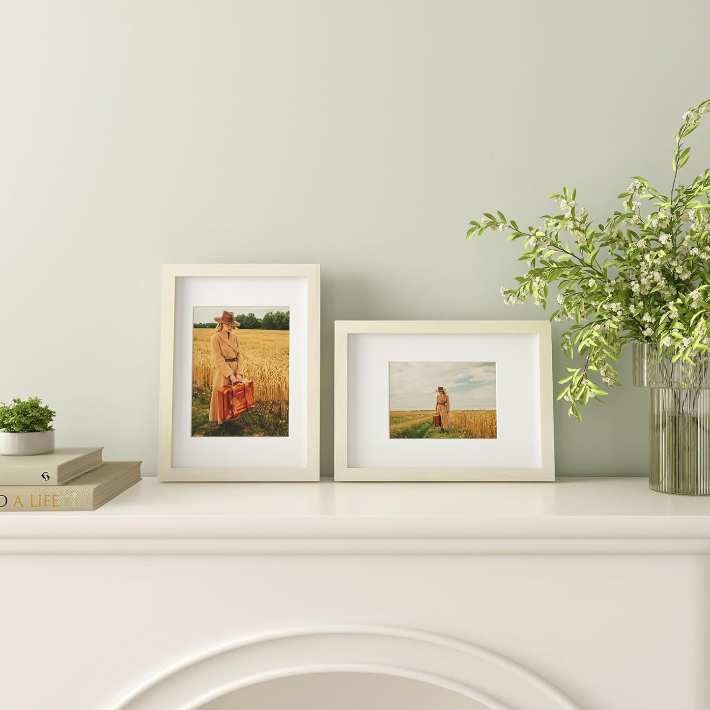 Egofine A4 Picture Frames Set of 4, Made of Solid Wood Covered by Plexiglass 4x6 and 6x8 with Mat or A4 without Mat, for Table Top Display and Wall Mounting Photo Frame Beige