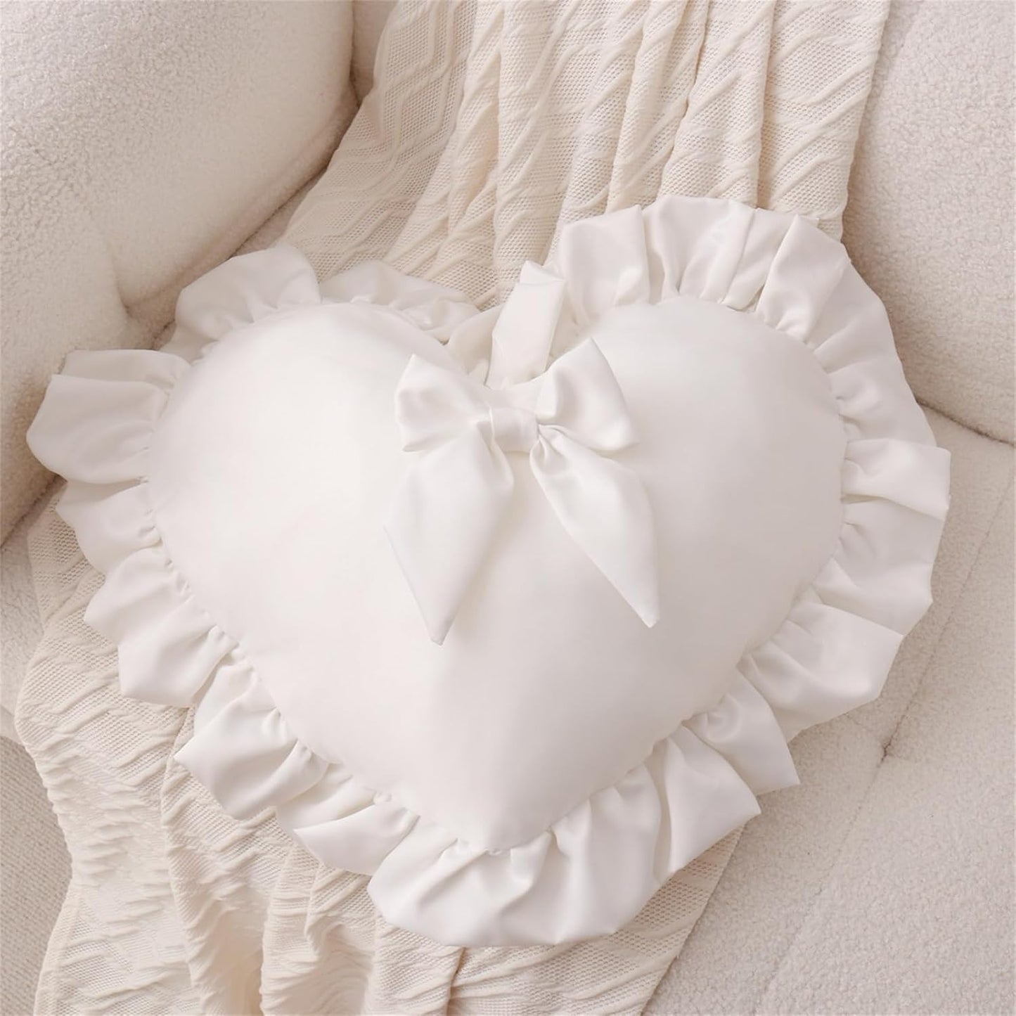 Heart Pillows, Cute Soft Room Decor Ruffled with Bow Love Heart Shape Throw Pillows Sofa Cushion Pillow for Living Room Bed Chair Car Decoration, White