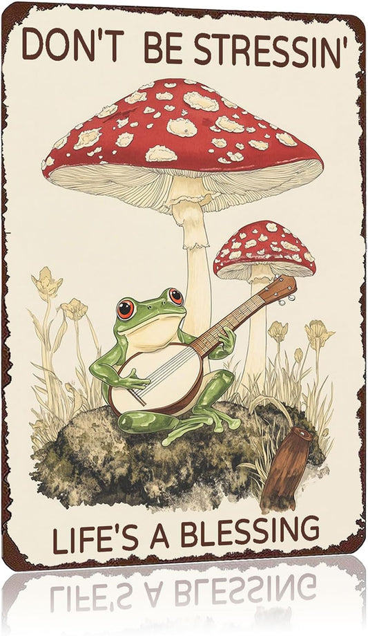 Metal Signs Don't Be Stressin' Life's A Blessing Frog Tin Sign Vintage Wall Decor for Garden Outdoor Yard Home Office Outside Bathroom Kitchen 12×8 Inch