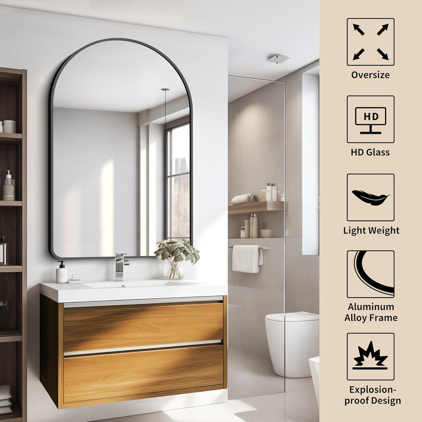 FORBATH Arched Mirror 32x48 Inch, Bathroom Mirror Wall Mounted Modern Black Aluminum Alloy Frame Decor Large Dresser, for Bedroom Living Room Entryway, Hanging or Leaning Against Wall