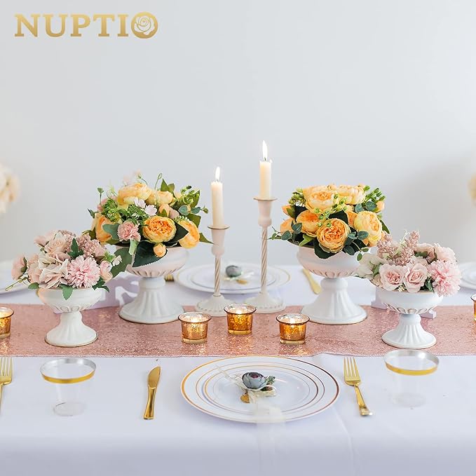 Nuptio White Vases for Centerpieces Wedding - 2 Pcs 6.7in Height Metal Urn Planter Elegant Wedding Centerpieces for Tables - Trumpet Vase for Weddings Party Decoration Centerpiece Table Decorations