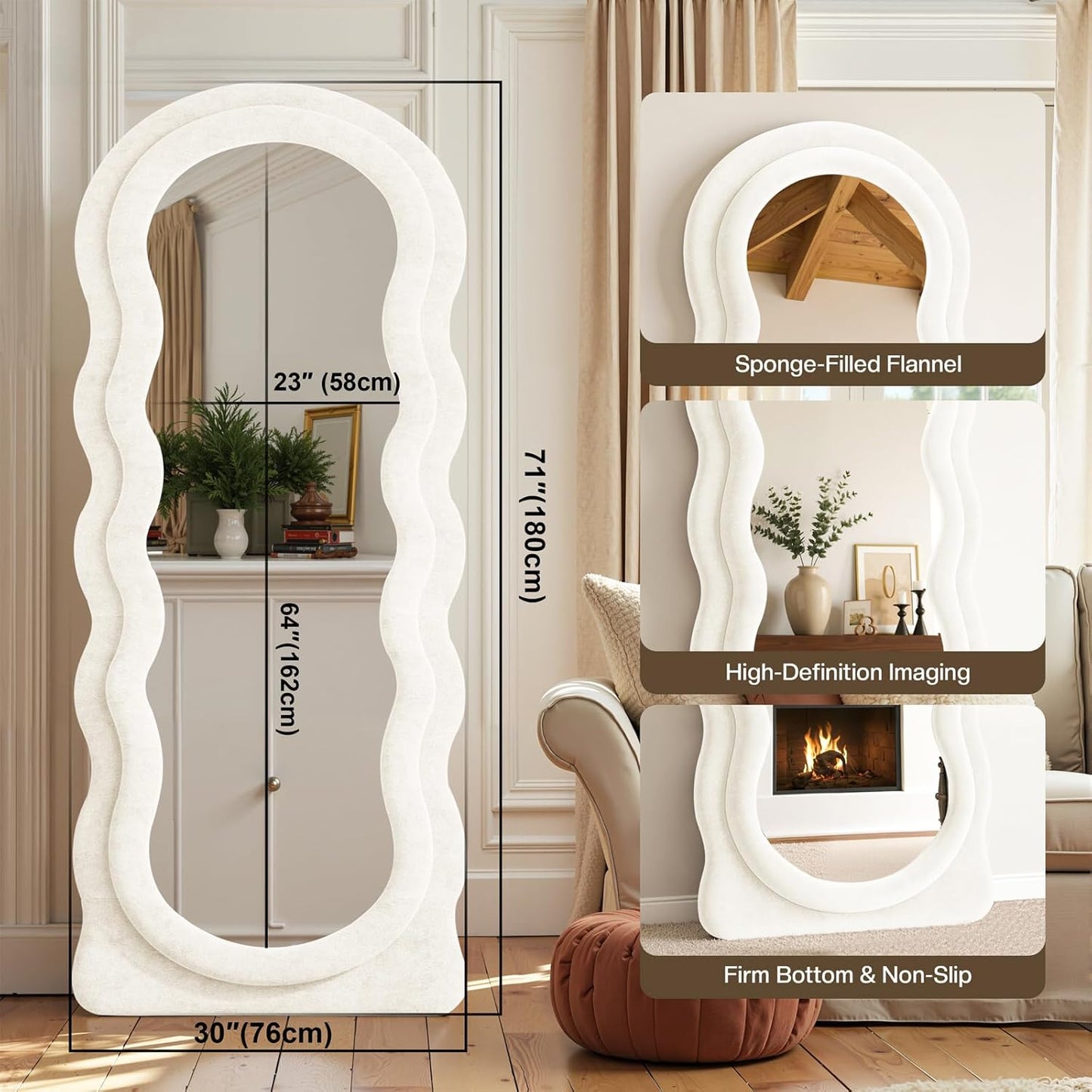 Full Length Mirror 71"x30" Arched Wavy Full Body Wall Mounted Floor Mirror Ivory Flannel Frame Leaning Hanging Wall Mirror for Bedroom Entrance