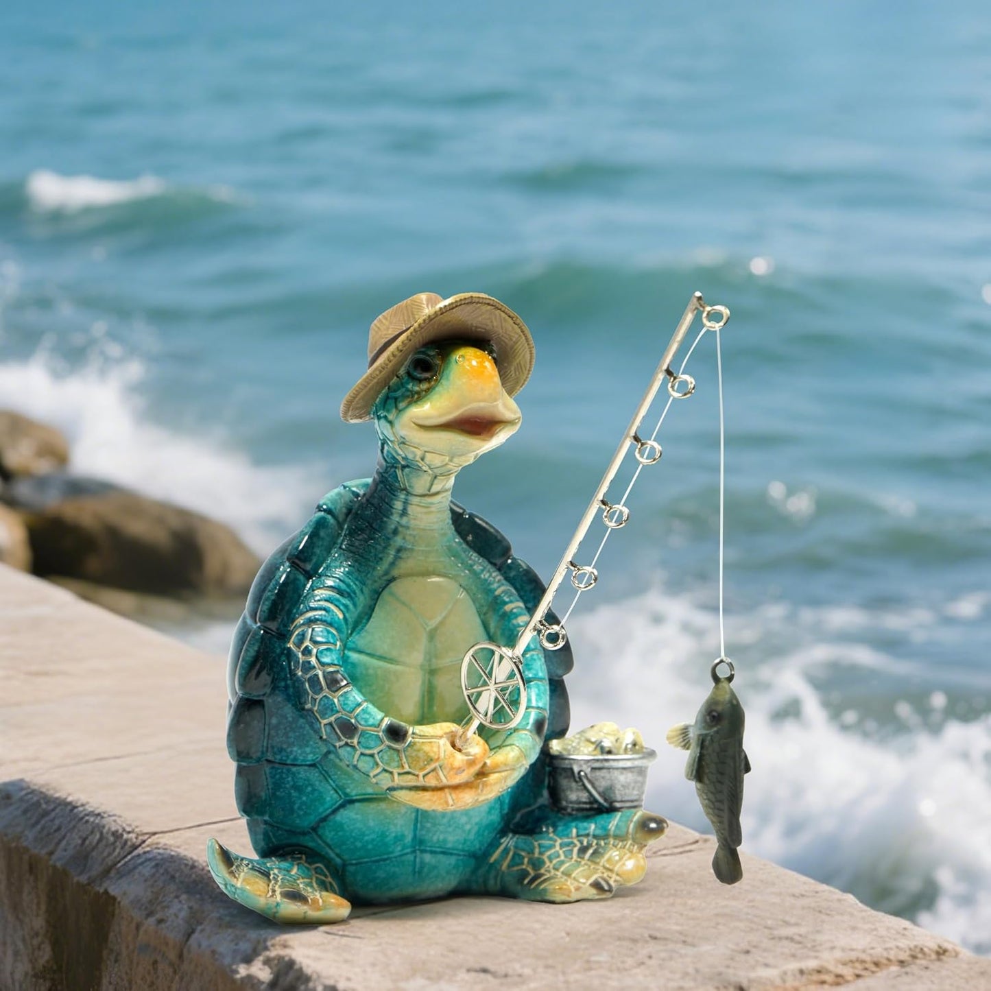 Hodao Sea Turtle Fishing Figurines Decoration Summer Turtle Crafts for Home Office Desk Decor Statue for Tabletop Shelf Decoration Ornament Gifts Decor for Beach Place (Blue)