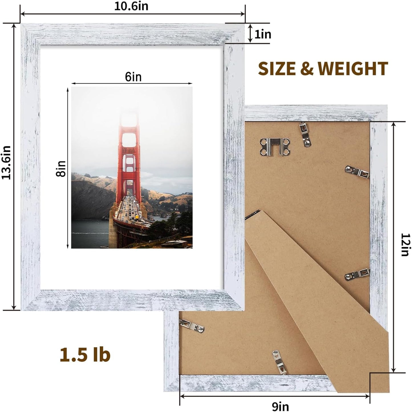iRahmen 9x12 Picture Frame Set of 2, Distressed White Wood Photo Frames with Tempered Glass, Display Pictures 6x8 with Mat or 9 x 12 without Mat for Horizontal or Vertical Tabletop and Wall Mounting