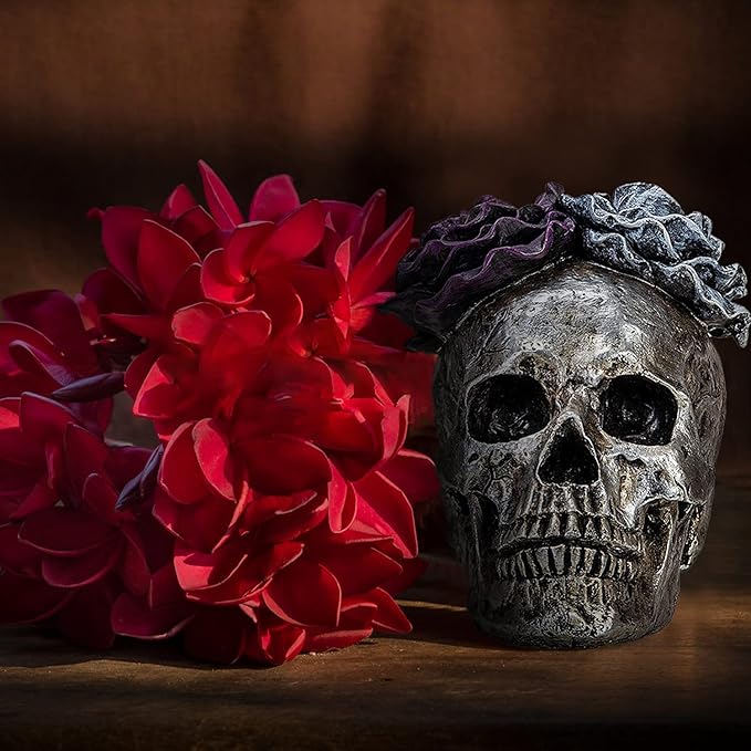 WENYLE Halloween Skull Statues Home Decor Day of Dead Purple Grey Rose Silver Skull Resin Figurine Flower Skull Decor 7.25" L