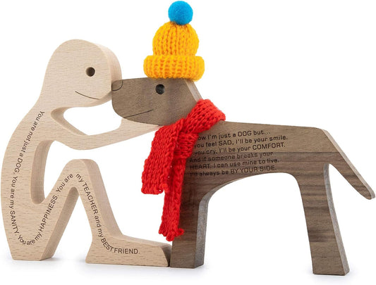 Humen and Dog Craft Figurine Desktop Table Ornament Wood Men Dog Model Creative Home Office Decoration Gift Lovely with Hat and Red Scarf(Large Size)