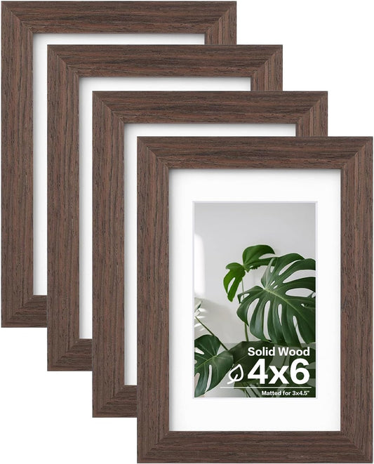 Egofine 4x6 Picture Frames Set of 4, Made of Solid Wood Covered by Plexiglass 3.5x5 with Mat or 4x6 without Mat, for Table Top Display and Wall Mounting Photo Frame Brown
