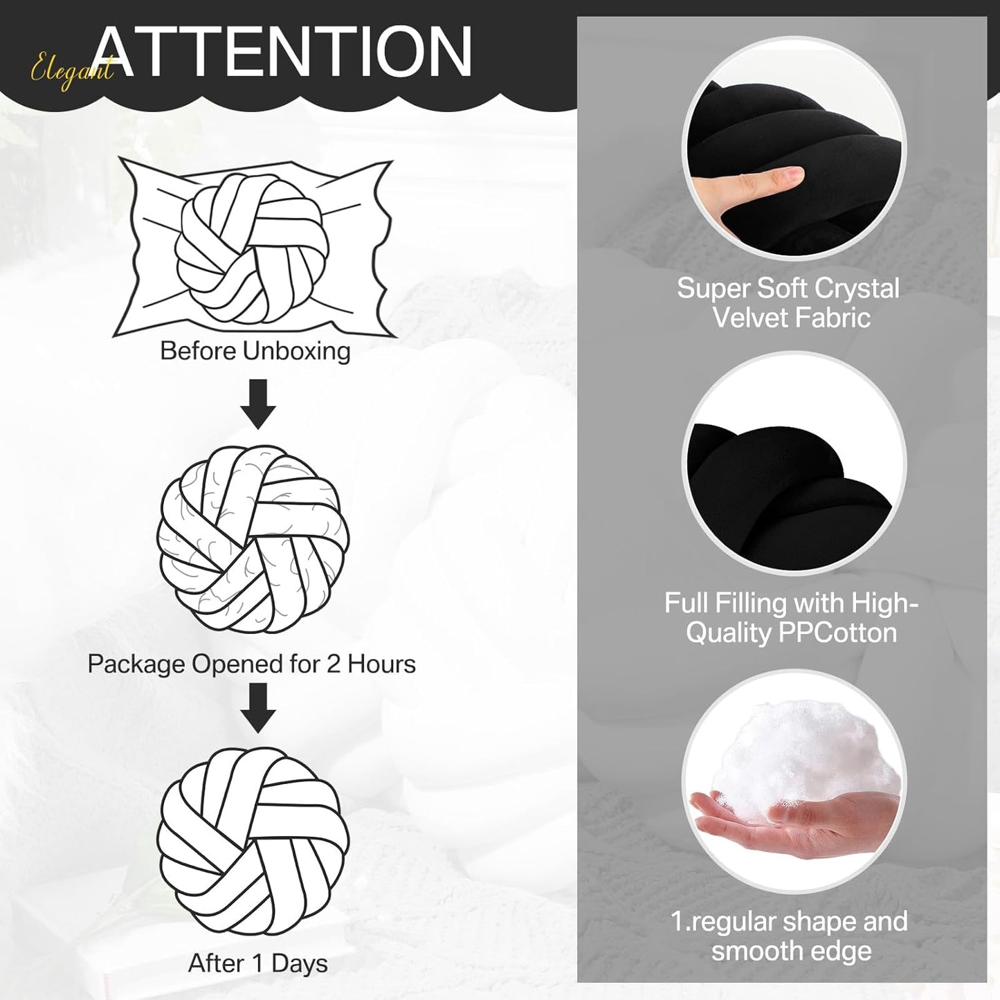 Fumete 2 Pcs 14 Inches Knot Pillow Round Throw Soft Plush Knot Ball Pillow Handmade Knotted Modern Home Decorative Cushion for Bed Bedroom, Sofa, Couch (Black)