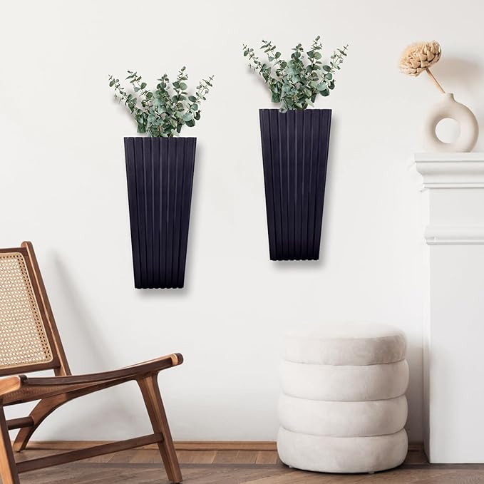2PCS Wood Wall Planter for Indoor Plants, Wooden Hanging Planter for Dried Flowers and Artificial Greenery Plants,Wooden Pocket Vases,Modern Farmhouse Wood Wall Decor(Black)