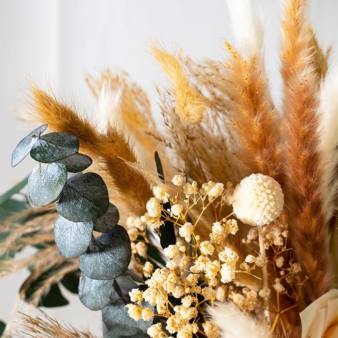 101pcs Natural Dried Pampas Grass Decor with Vase Artificial Flowers in Vase Boho Home Decor Bouquet Bunny Tails Dried Flowers, Reed Grass Bouquet for Wedding Floral Arrangements (101pcs)