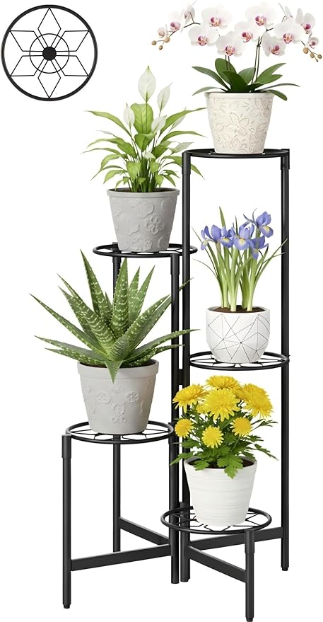 Plant Stand 5 Tier Indoor Metal Flower Shelf for Multiple Plants Corner Tall Flower Holders for Patio Garden Living Room Balcony Bedroom Black Diamond