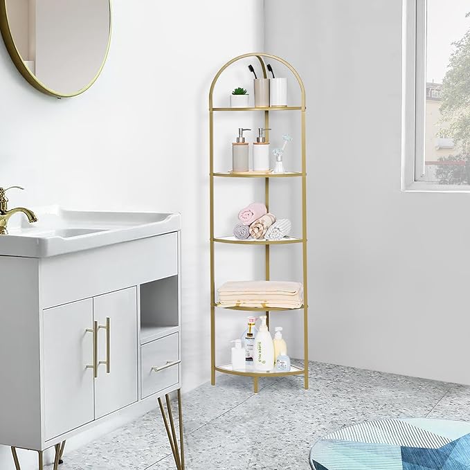 Homhedy 5-Tier Corner Shelf Stand, Metal Corner Bookshelf, Tempered Glass Shelves, Bathroom Storage Rack Shelf, Plant Stand, Modern Style, Golden