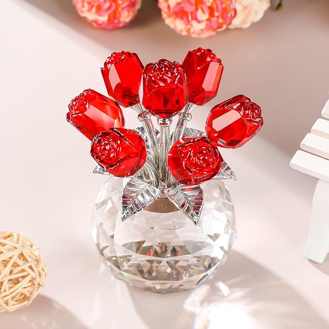 Crystal Red Rose Figurines Gifts for Women, Glass Bouquet Ornament for Mother's Day Birthday Christmas Ruby Collectible Flowers Anniversary Floral Presents for Her (Red)
