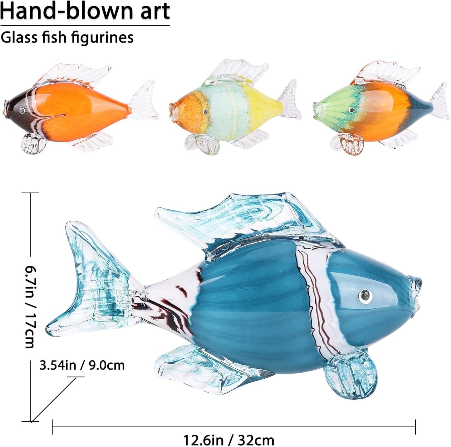 LCCCK Large Glass Fish Statue, Hand Blown Glass Sea Life Figurines, Coastal Decor for Home,Tropical Fish Ornaments Collectible Figurines, Coffee Table, Shelf, Office, Bathroom Decoration Nautical Art