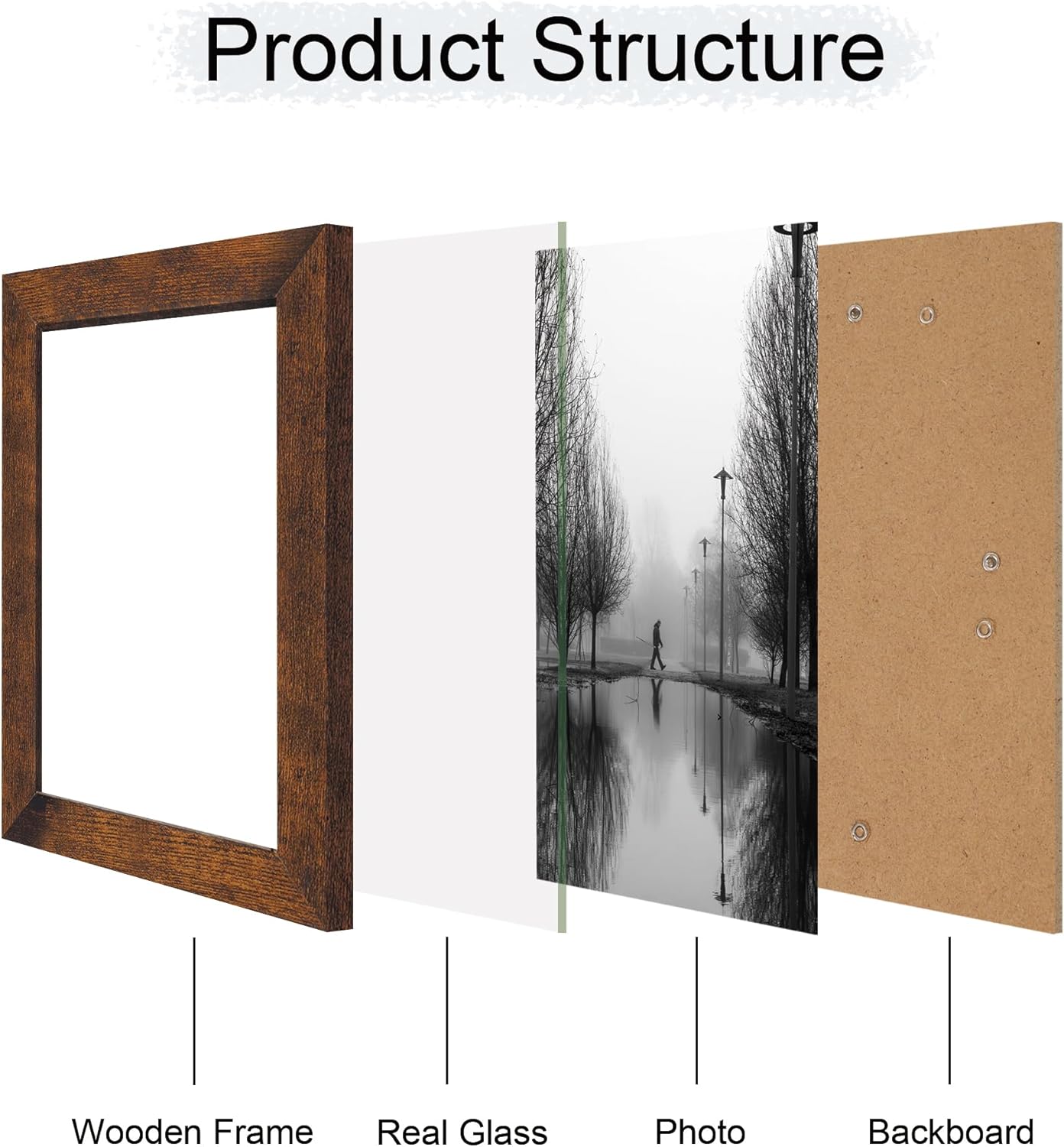 iRahmen 6x9 Picture Frame Set of 4, High Definition Real Glass Rustic Frame, 6 x 9 Wood Photo Frames for Tabletop Display and Wall Mounting