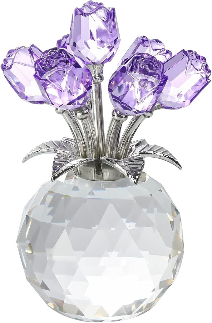 Crystal Rose Figurines Gifts for Women Valentine's Day, Glass Floral Ornament for Mother's Day Birthday Christmas Amethyst Collectible Rose Flowers Anniversary Floral Presents for Her (Purple)