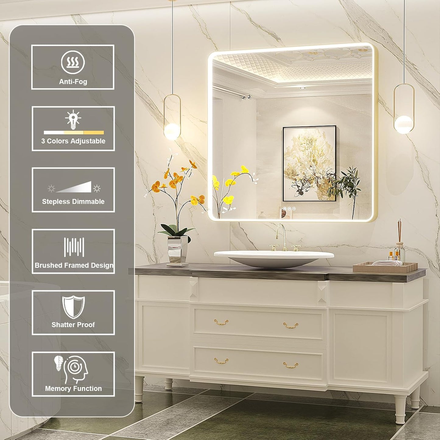 LED Mirror for Bathroom 36X36 Inch Gold Framed with Anti-Fog, Stepless Dimmable, Front Lit, LED Bathroom Vanity Mirror for Wall, Memory Function, Shatter-Proof