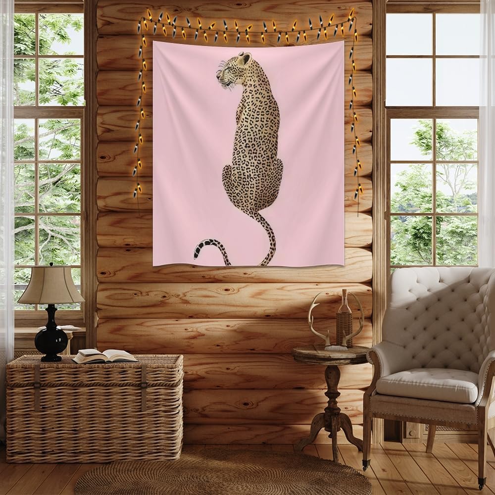 Medpol Pink Cheetah Tapestry Funky Preppy Leopard Wall Hanging Funky Dopamine Animal Tapestries Minimalist Aesthetic Wall Decor for Living Room Bedroom 50x60inch