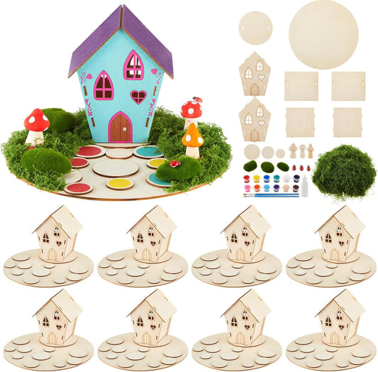Kathfly 8 Sets Wooden Fairy House Craft Kit, Fairy Garden Kit with Paints & Decorations, Unpainted Miniature Accessories for Home Event Party Decor, Arts Crafts Birthday Gift
