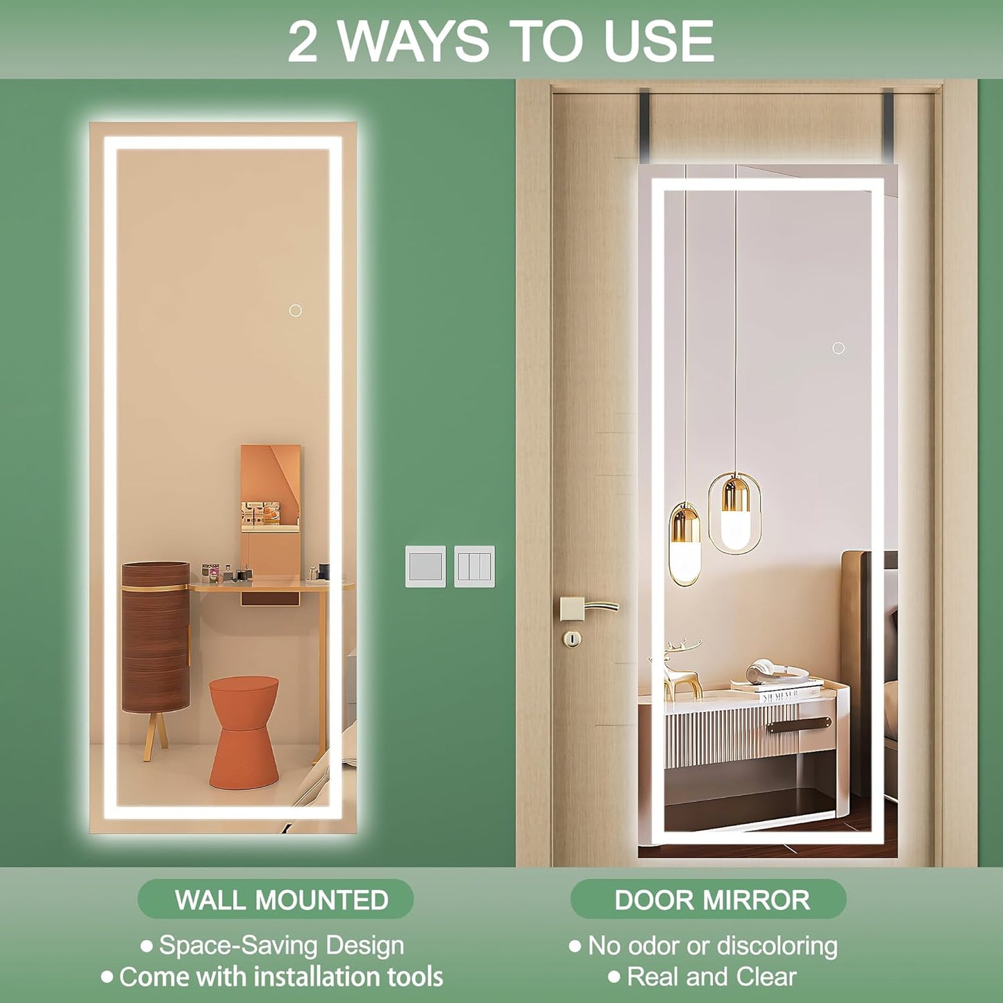 Hasipu LED Door Mirror Full Length, 47 x 18 Inch Full Body Wall Mirror Over The Door Hanging Mirror for Bedroom, Living Room, Cloakroom Right Angle