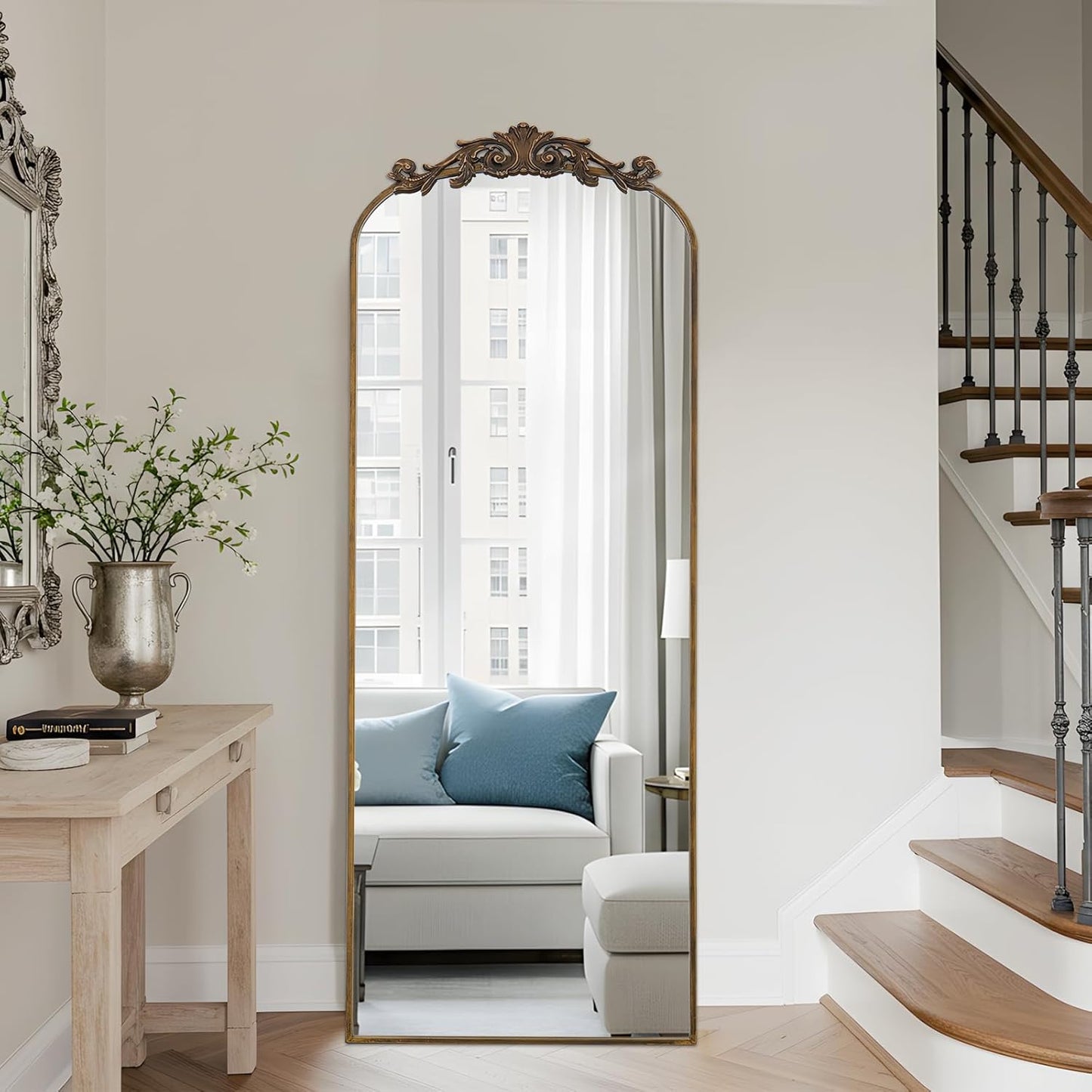 Filigree Floor Mirror 18"x58" Full Length Mirror Freestanding with Vintage Ornate Carved Applique Full Body Hanging Wall Mounted Mirror for Living Room Bedroom Retro Home Decor, Bronze