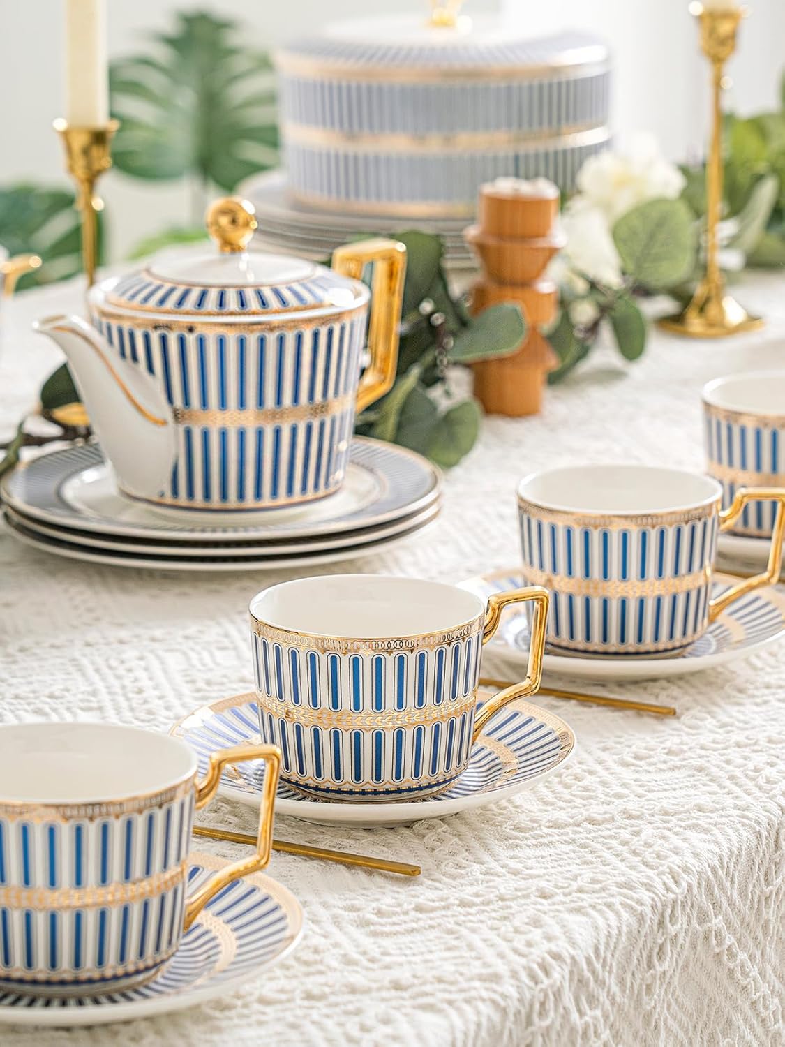 CwlwGO-Bone China Tea Cup Set of 4, Cup and Saucer Sets Service for 4 with 24 Ounces Teapot,Sugar Bowl,Creamer Pitcher,Elegant British Tea Cups for Tea Party,Gifts Box.