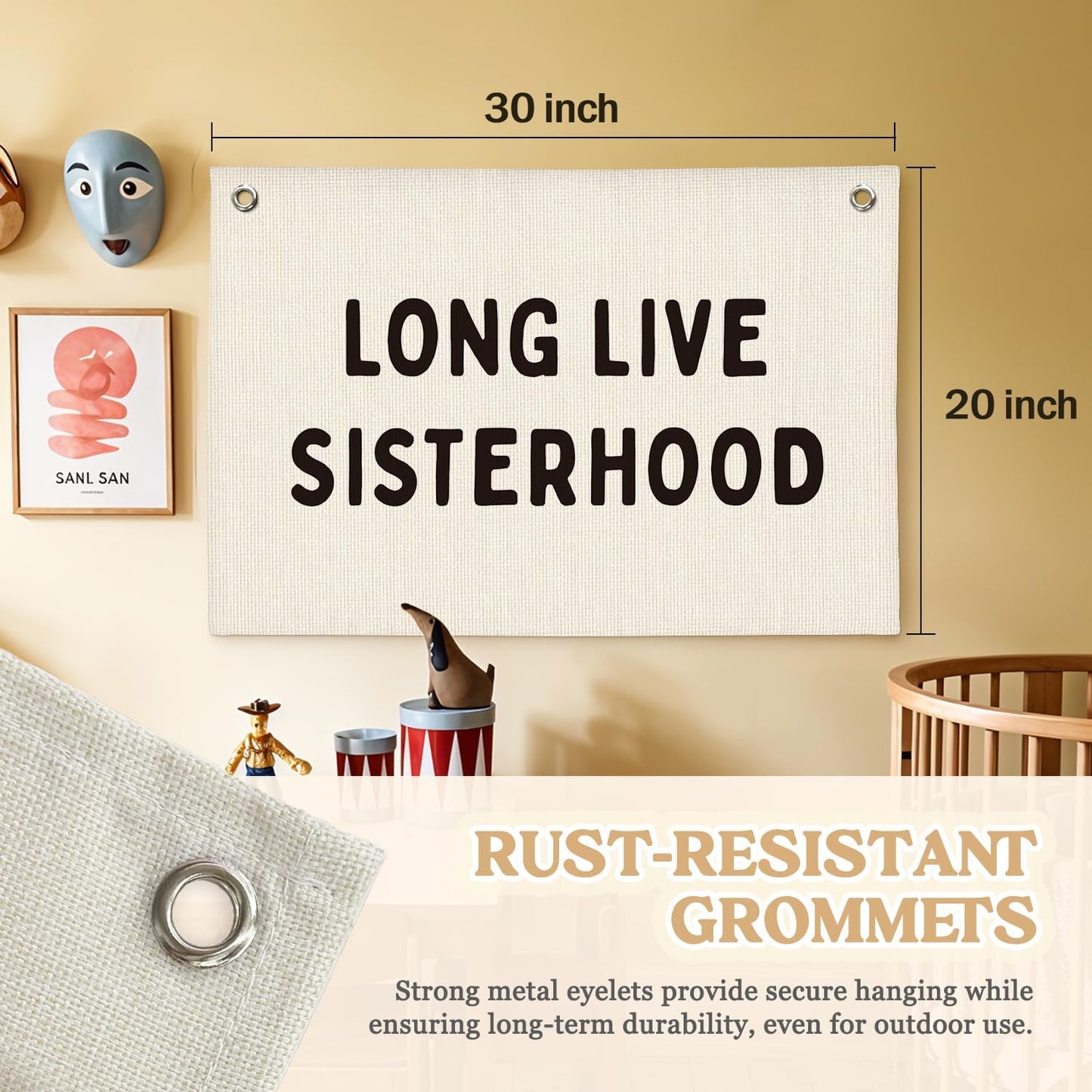 Girls Room Decor–Long Live Sisterhood Linen Canvas Banner, Wall Hanging for Nursery, Playroom, Teen Girl Bedroom 20x30 Inch