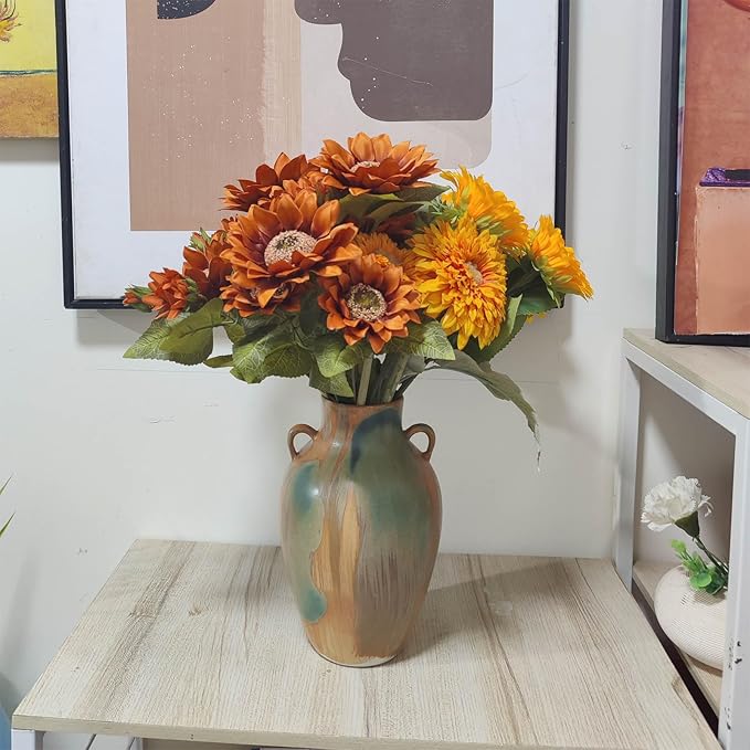 Terracotta Pottery - 10" Unique Decorative Farmhouse Vase with Handle, Green Glazed Earth Yellow Boho Neutral vase Home Decor, Vintage Ceramic Flower vases for Living Room, Kitchen Decor