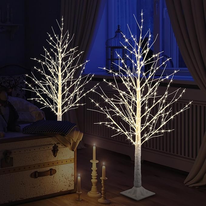 2pack 4FT 240 LED Christmas Birch Tree Warm White Lights with Twinkle Lights, LED Lighted Birch Tree for Indoor Outdoor Christmas Tree Decorations