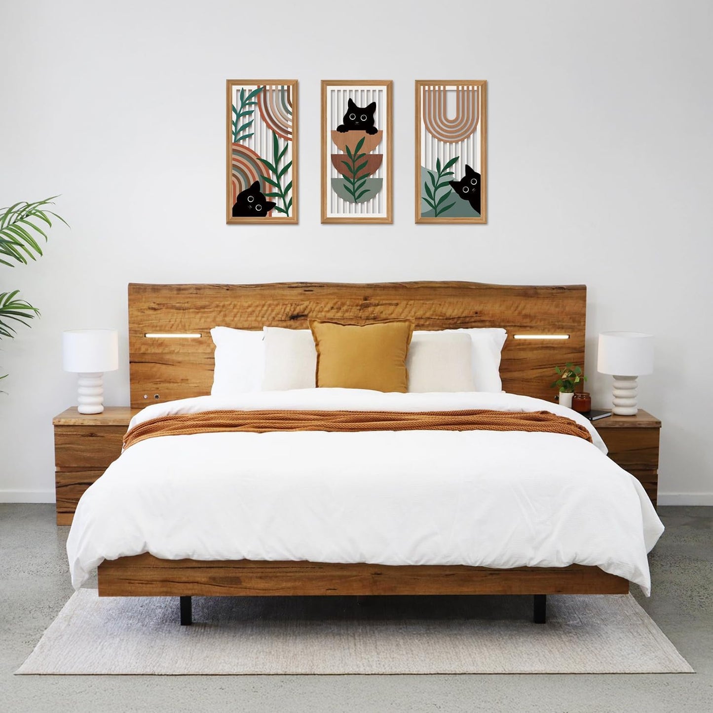 IARTTOP 3 Pcs Boho Black Cat Wall Decor Abstract Geometric Wood Wall Art Bohemian Cat Hanging Decor Mid Century Modern Artwork Decoration for Farmhouse Bedroom Living Room 7.9 x15.8 Inch