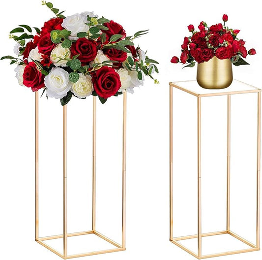 Nuptio Wedding Centerpieces Gold Vases: 2 Pcs 23⅝ inch Tall Flower Stand Metal Floor Vase Column Geometric Centerpiece Stands Rectangular Display Rack for Weddings Party Decoration