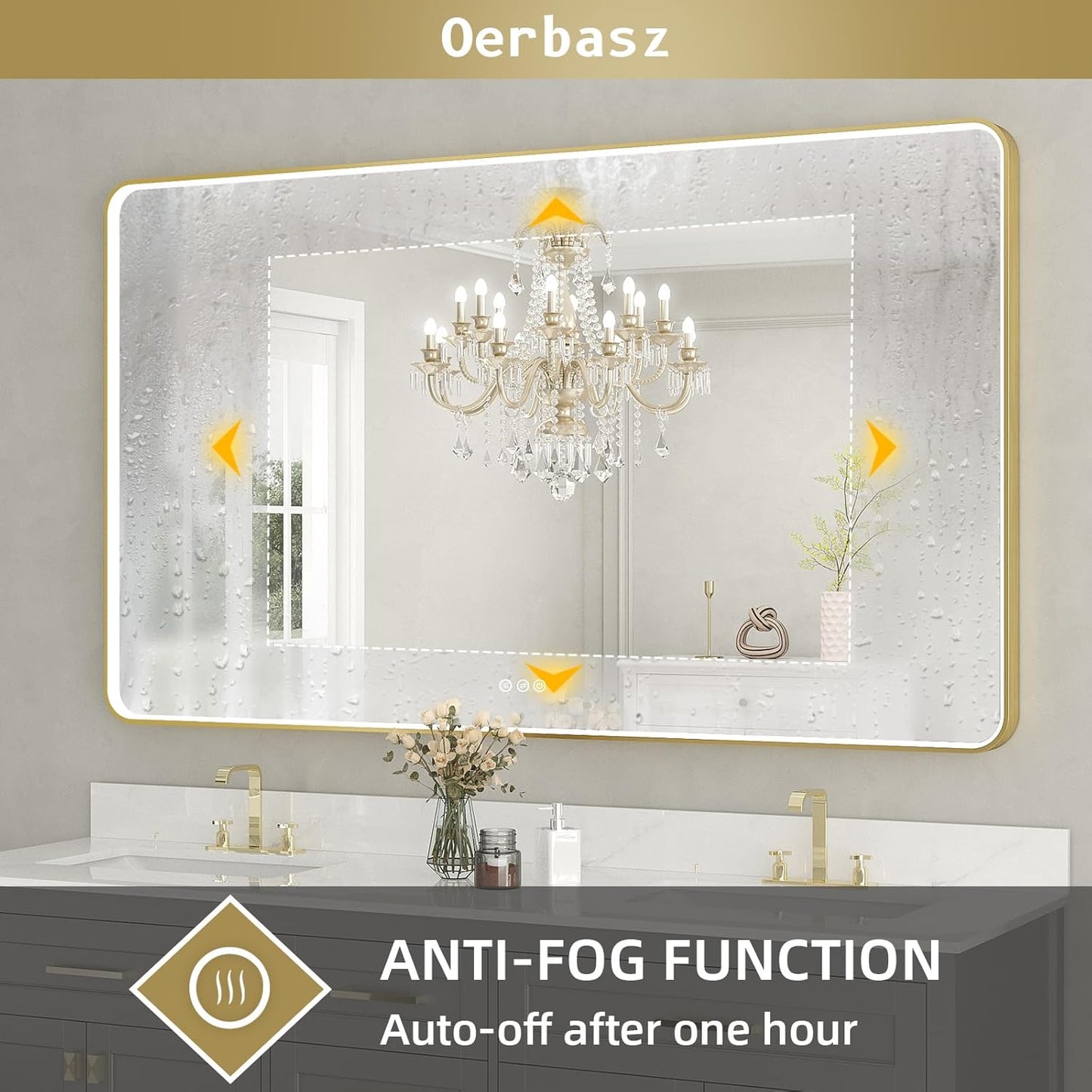 LED Mirror for Bathroom 55X32 Inch Gold Framed with Anti-Fog, Stepless Dimmable, Front Lit, LED Bathroom Vanity Mirror for Wall, Memory Function, Shatter-Proof