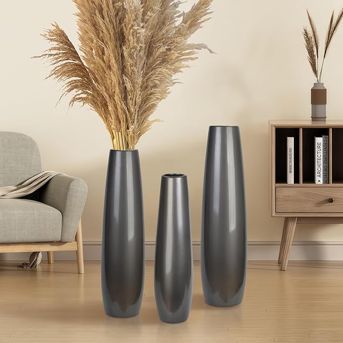 Silvery Ceramic Tall Floor Vase,17.7 Inch Large Modern Flower Vases for Home Décor,Wicker Big Floor Vase Decorations for Farmhouse, Living Room,Bedroom,Standing Plastic Vase Decorative Tall
