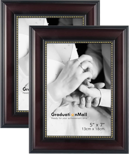 GraduationMall 5x7 Picture Frames, Real Glass, Display Photos for Wall or Tabletop, Mahogany with Gold Beads, 2-Pack
