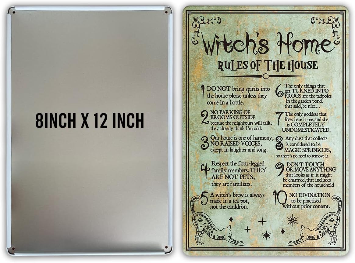 Funny Witch's Home Rules Quote Metal Tin Sign Wall Decor, Retro Do Not Bring Spirits into the House Sign for Home Decor Gifts