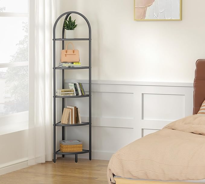 Homhedy 5-Tier Corner Shelf Stand, Metal Corner Bookshelf, Tempered Glass Shelves, Bathroom Storage Rack Shelf, Plant Stand, Modern Style, Black