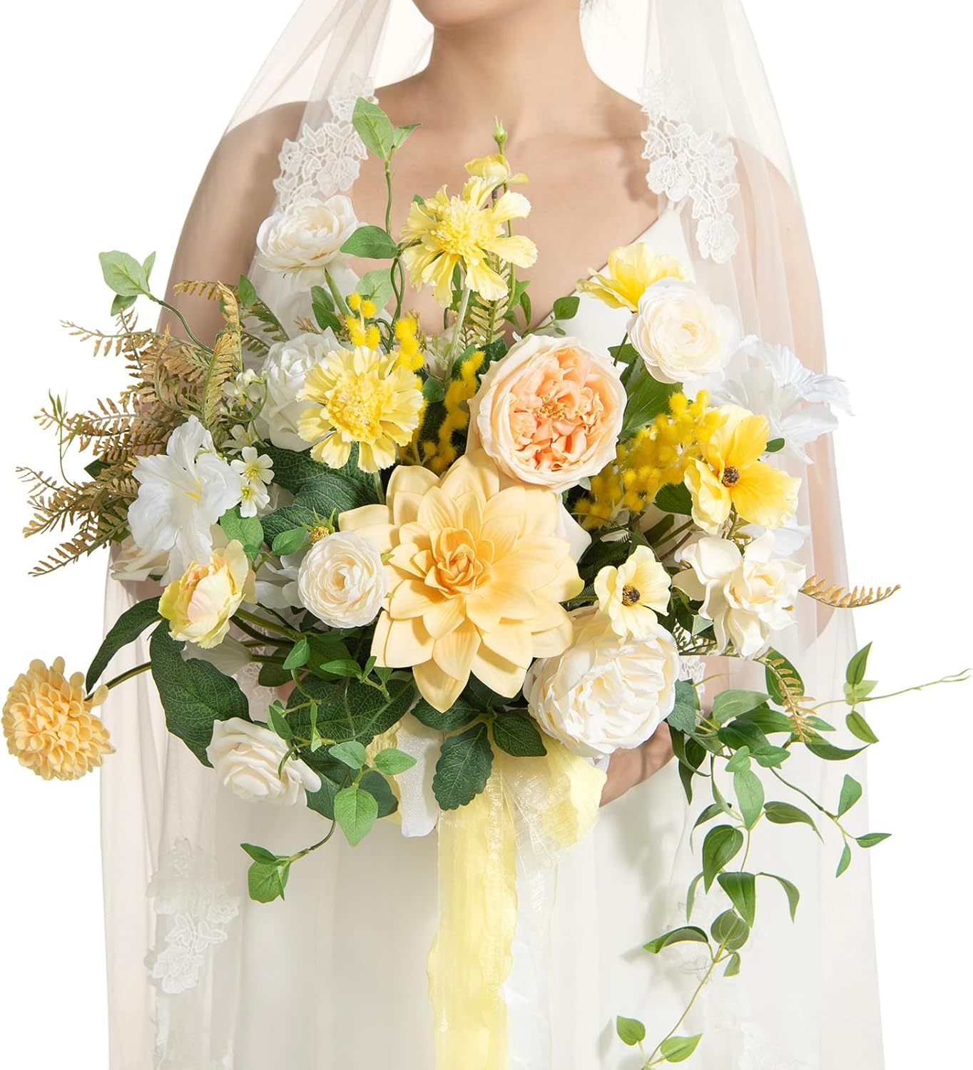 Ling's moment Yellow Bridal Bouquet for Bride, Yellow Wedding Bouquets for Bride, 15 Inch Summer Bridal Bouquets Artificial Wedding Flower Bouquet