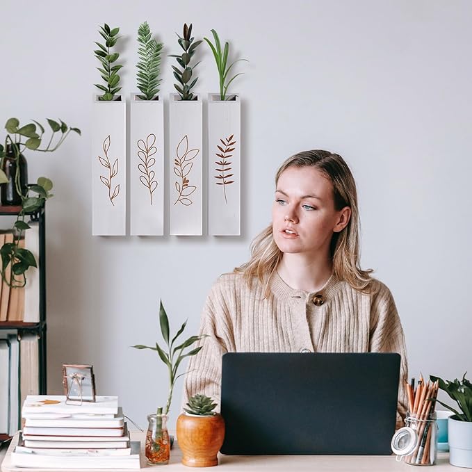 Wood Wall Planter, Farmhouse 4 Pack Indoor Pocket Wall Vases Decor for Living Room Bedroom Dried Flowers Faux Greenery Plants (White)
