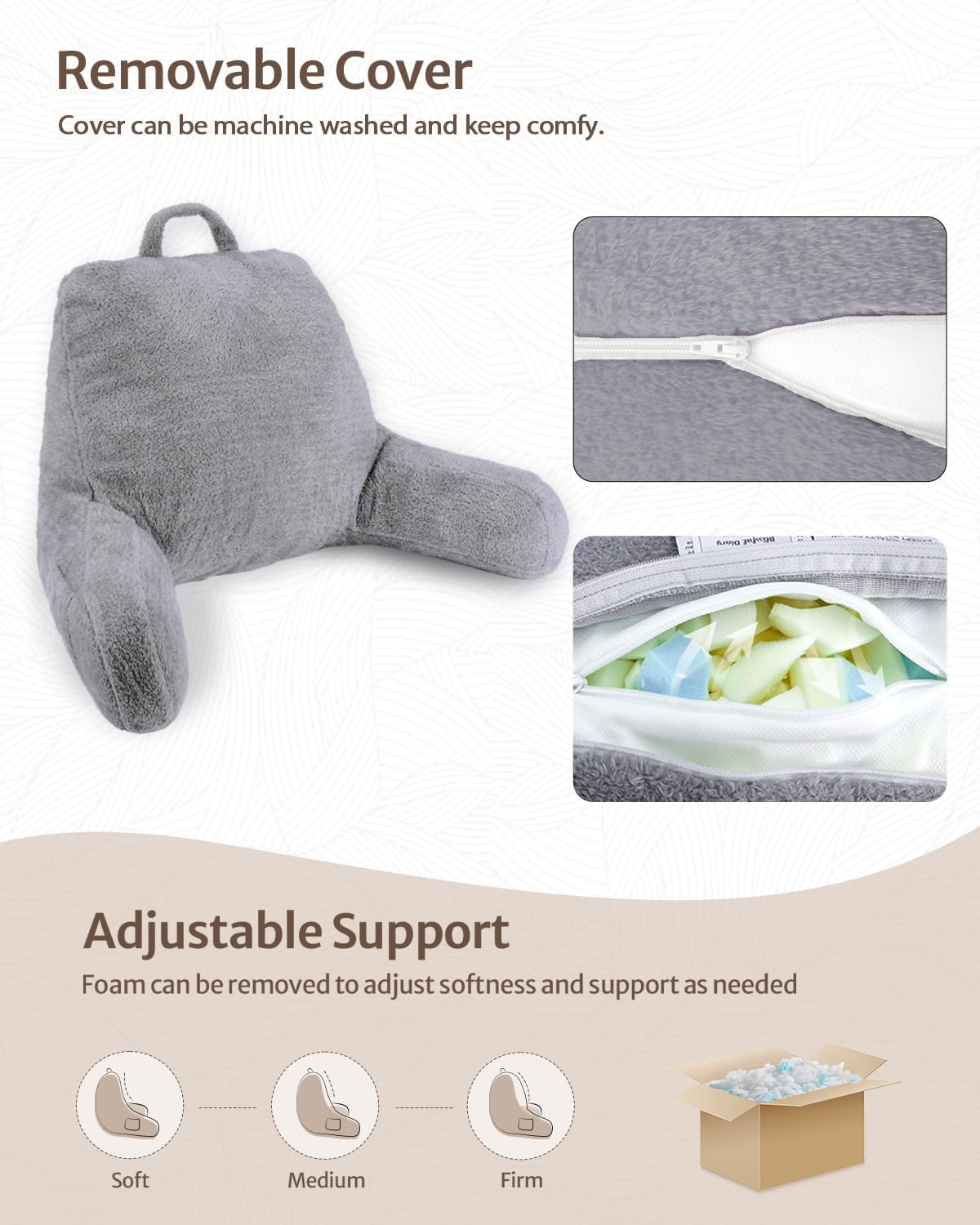 Blissful Diary Plush Velvet Reading Pillow for Kids/Teens/Adults, Back Rest Pillow for Sitting Up in Bed with Shredded Memory Foam, Includes Arms and Washable Cover, Light Gray