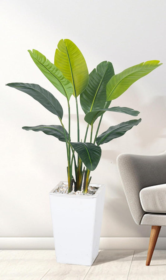 Bird of Paradise Artificial Plant 4FT, Faux Tropical Palm Tree with White Tall Planter, Large Fake Plants in Pot - Artificial Tree for Home Office Living Room Decor Indoor