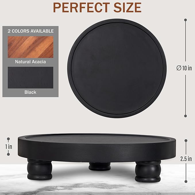 Demigo 10" Acacia Wood Round Tray - Decorative Plant Stand, Farmhouse Countertop Organizer, Multi-Purpose Display Pedestal, Riser Board for Soap, Perfume, Candles, Sponge, Bathroom, Kitchen (Black)