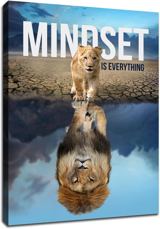 Inspirational Canvas Wall Art Small Cat And Big Lions Mindset is Everything Painting Cute Animal Poster Prints Wall Pictures for Living Room Home Decor Office Framed Ready to Hang [18''Wx 24''H]