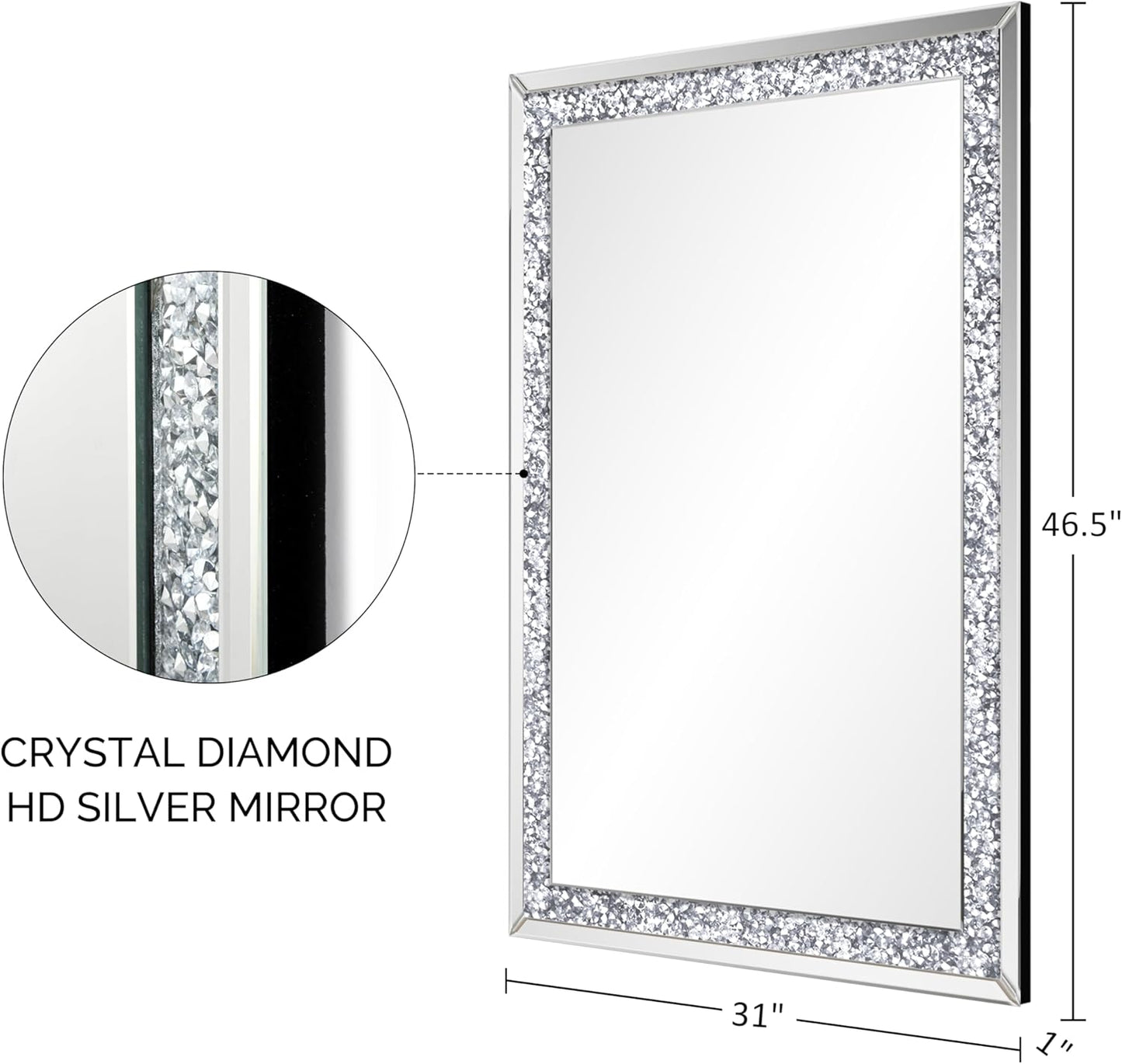 Crystal Crush Diamond Mirror-46.5"x31" Silver Mirror, Gorgeous Wall Mirror, Rectangle Mirrors for Wall Bathroom, Bedroom, Dining Room and Living Room
