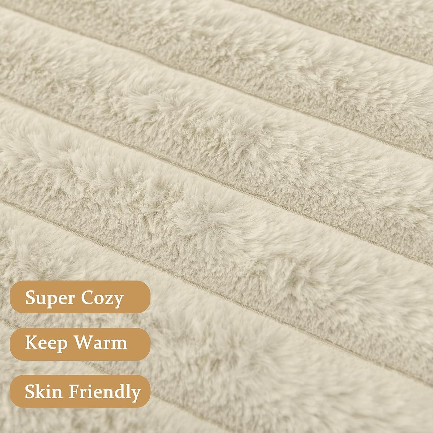 Beige Faux Fur Throw Blanket for Couch, Fuzzy Cozy Soft Warm Plush Striped Throw Blanket, Decorative Fluffy Winter Blanket for Sofa Chair Bed Living Room Home Decor, 60"x80"