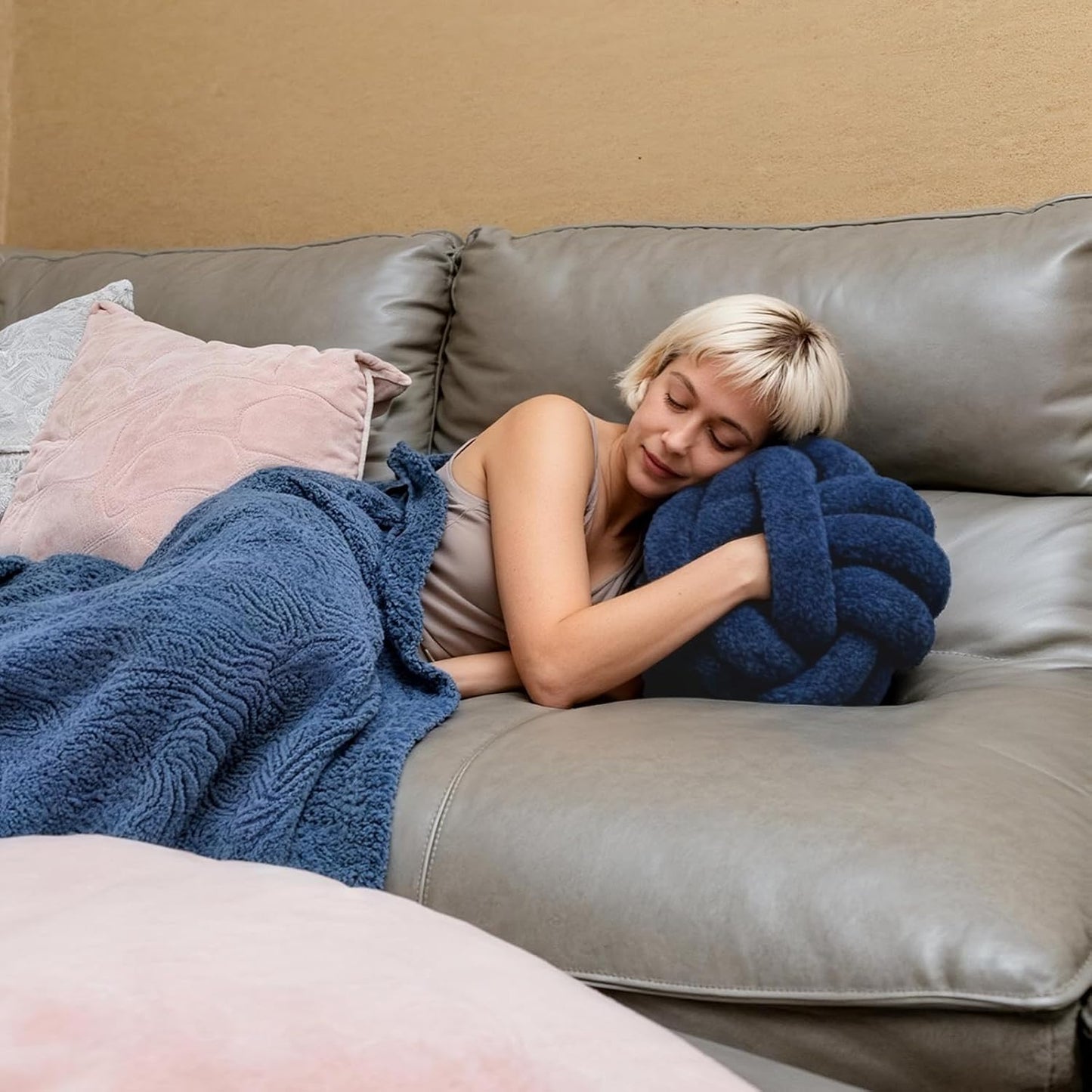 Knot Pillow Ball Plush - Decorative Throw Pillows for Bed Stress Relief, Round Knot Cushion for Sofa Decor Pet Toy, Navy 12 inch