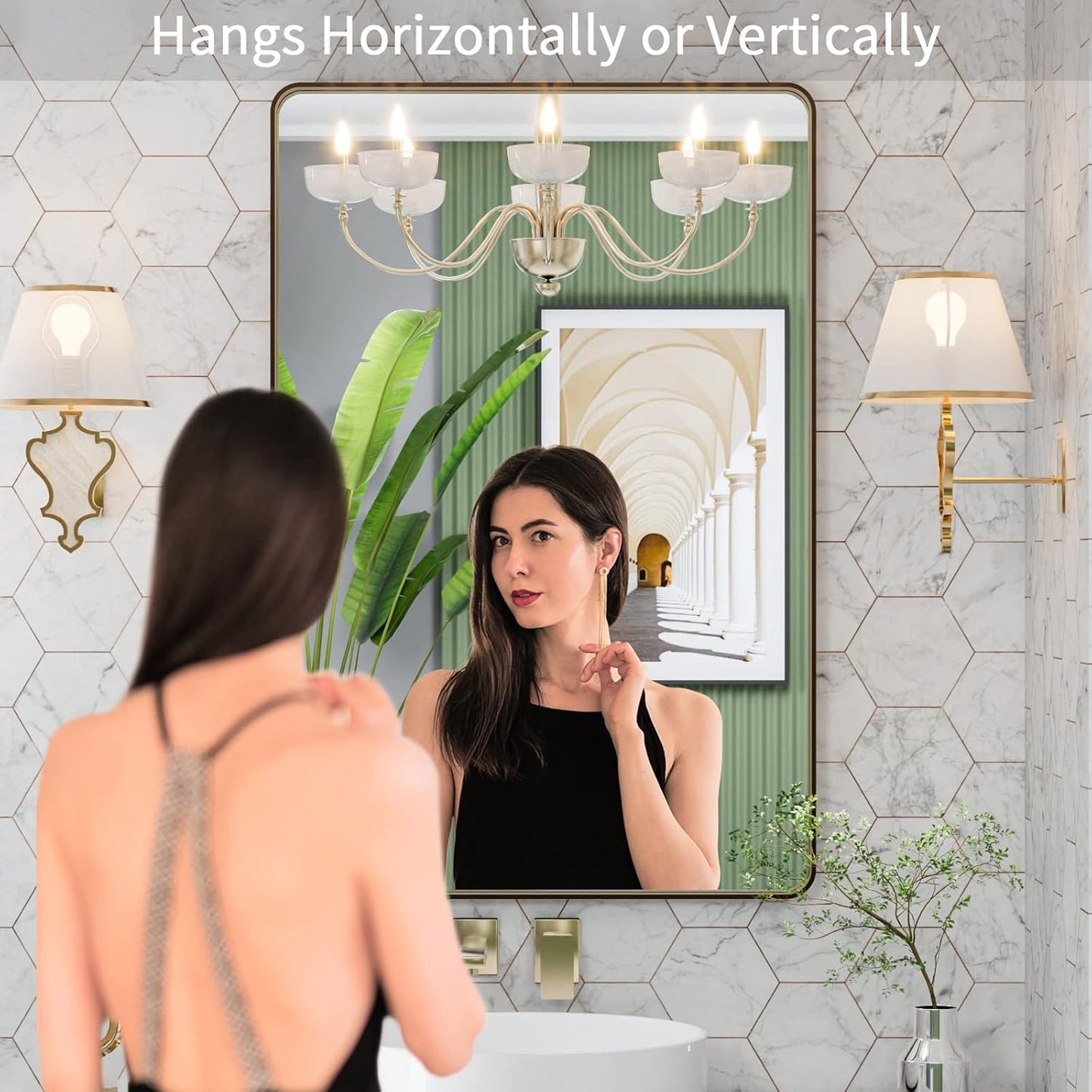 LOAAO 24”X32” Bronze Bathroom Mirrors for Vanity, Rounded Rectangle Brushed Bronze Metal Frame Mirror, Anti-Rust, Hangs Horizontally or Vertically