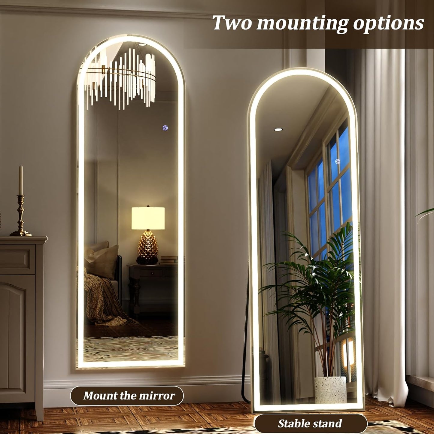 LED Arched Full Length Mirror with Lights 63"x20" - Lighted Floor Mirror with Dimming & 3 Color Lighting, Aluminum Frame Standing Leaning or Hanging for Bedroom Cloakroom White
