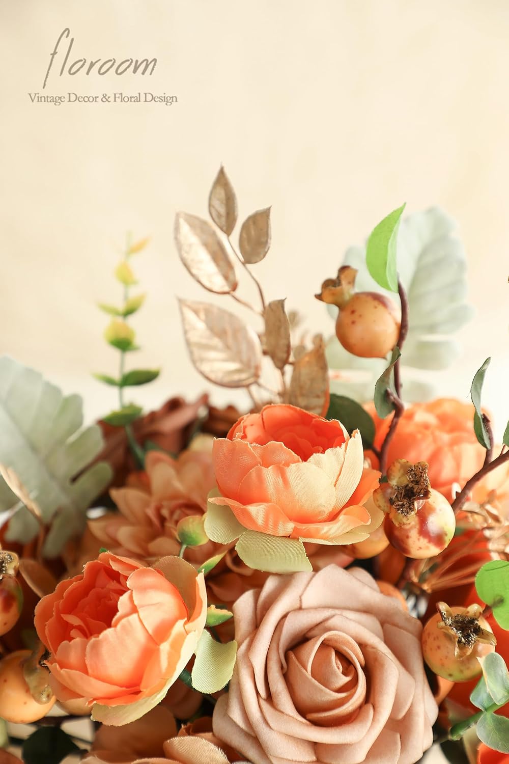 Floroom Artificial Greenery Stems Box Set, 63pcs with 7 Kinds of Faux Greenery Flowers Picks for DIY Bridal Bouquets Wedding Floral Arrangement Table Centerpieces, Burnt Orange & Green