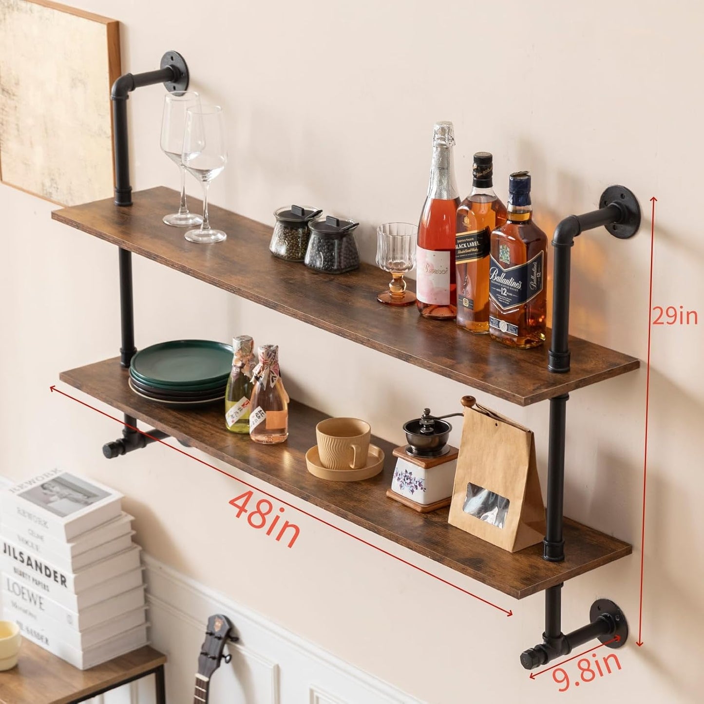 Industrial Pipe Shelving 48inch Wall Mounted, Rustic Floating Shelves with Wood Shelf, 2 Tier Farmhouse Bathroom Shelves Over Toilet, Industrial Pipe Shelf for Kitchen, Living Room Decor
